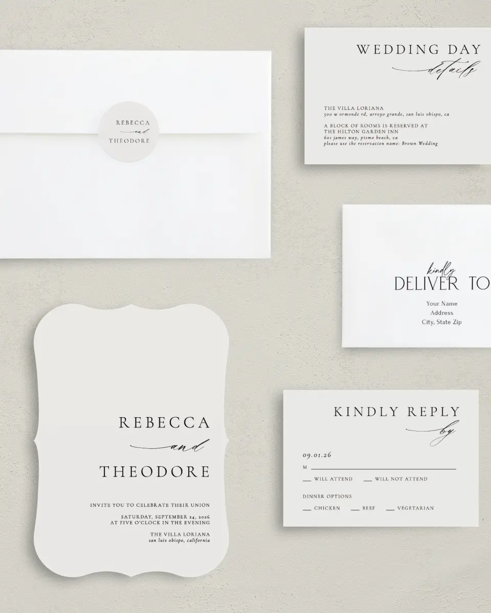 This is a 5" x 7" Bracket Wedding Invitation called Simply Elegant printed in full color with Silver foil on Luxe Satin (coated) paper