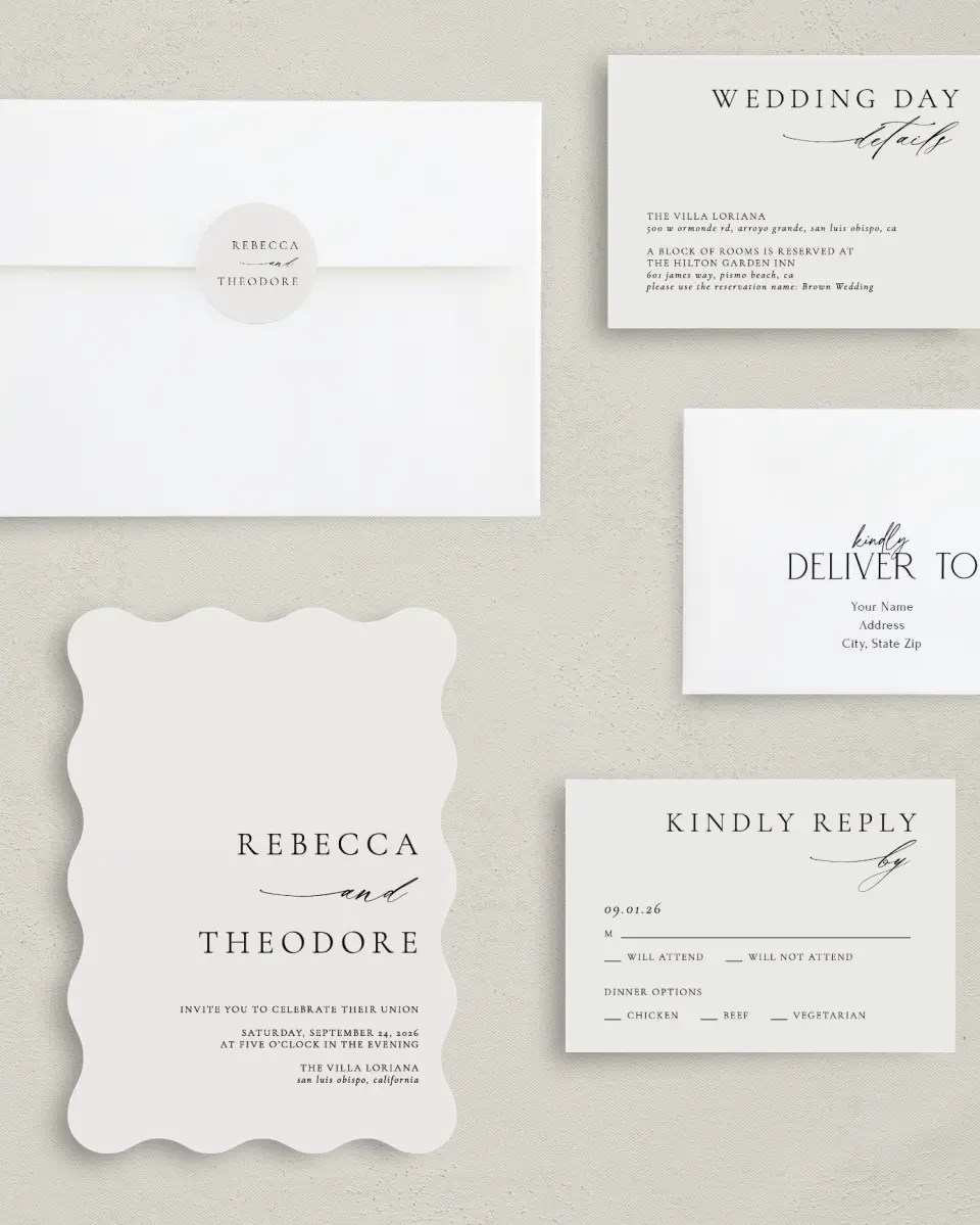 This is a 5" x 7" Wavy Wedding Invitation called Simply Elegant printed in full color with Silver foil on Luxe Satin (coated) paper