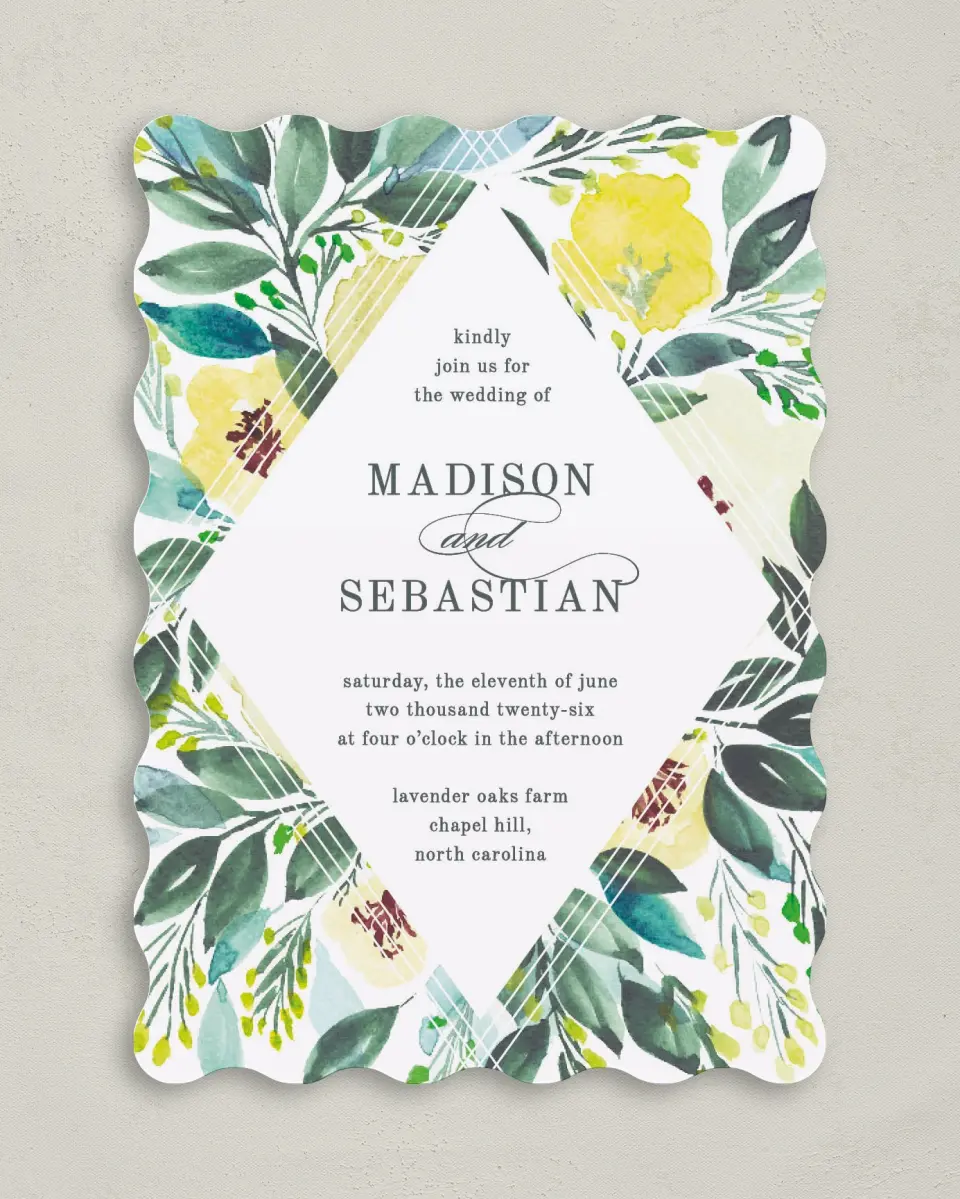 This is a 5" x 7" Wavy Wedding Invitation called Bold Blooms printed in full color on Premium Smooth paper
