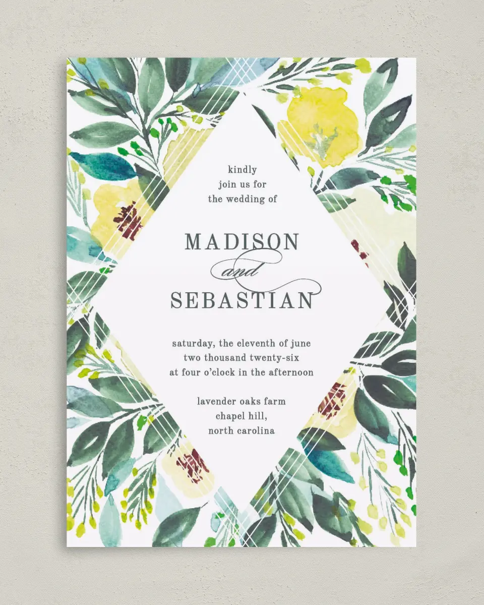 This is a 5" x 7" Classic Wedding Invitation called Bold Blooms printed in full color on Premium Smooth paper