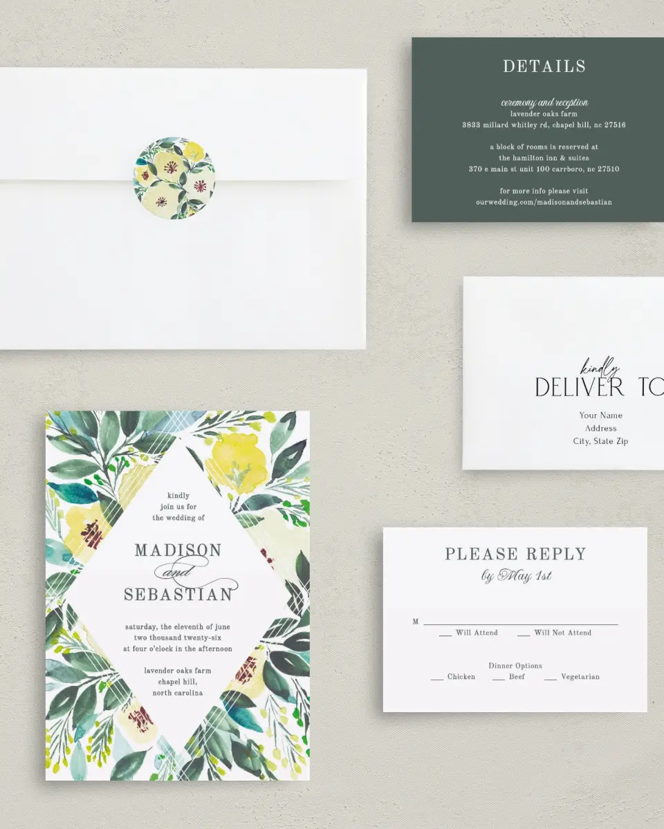 This is a 5" x 7" Classic Wedding Invitation called Bold Blooms printed in full color with Gold foil on Luxe Satin (coated) paper