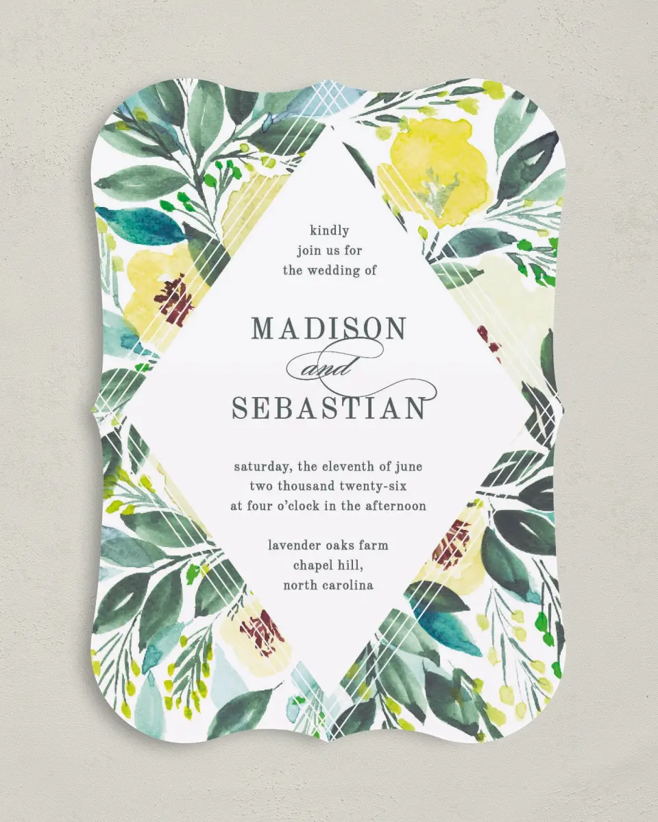 This is a 5" x 7" Bracket Wedding Invitation called Bold Blooms printed in full color on Premium Smooth paper