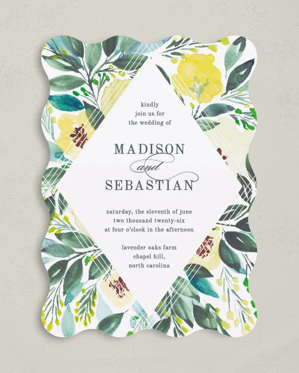 This is a 5" x 7" Wavy Wedding Invitation called Bold Blooms printed in full color on Premium Smooth paper