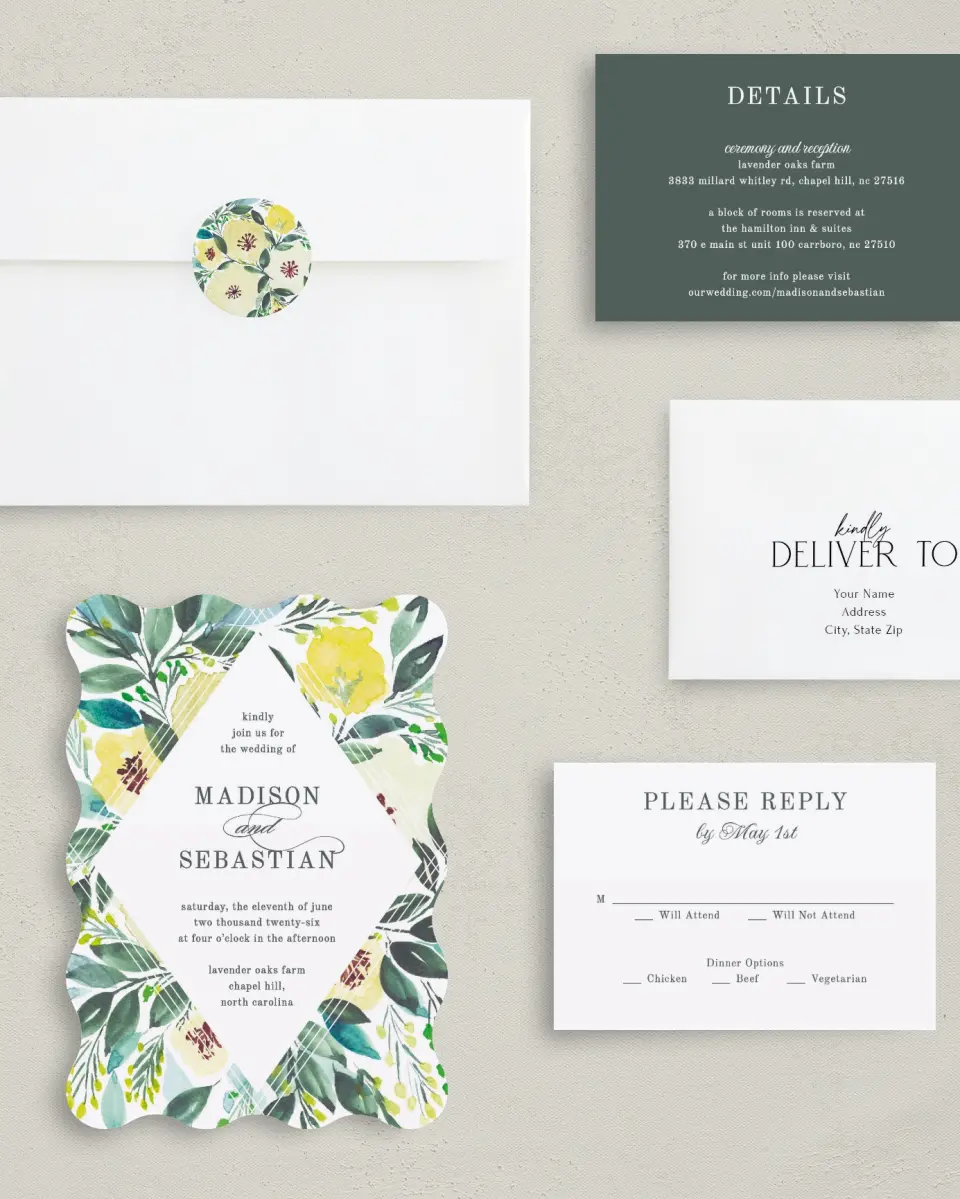 This is a 5" x 7" Wavy Wedding Invitation called Bold Blooms printed in full color with Gold foil on Luxe Satin (coated) paper