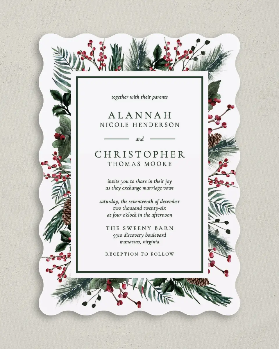 This is a 5" x 7" Wavy Wedding Invitation called Festive Celebration printed in full color on Premium Smooth paper
