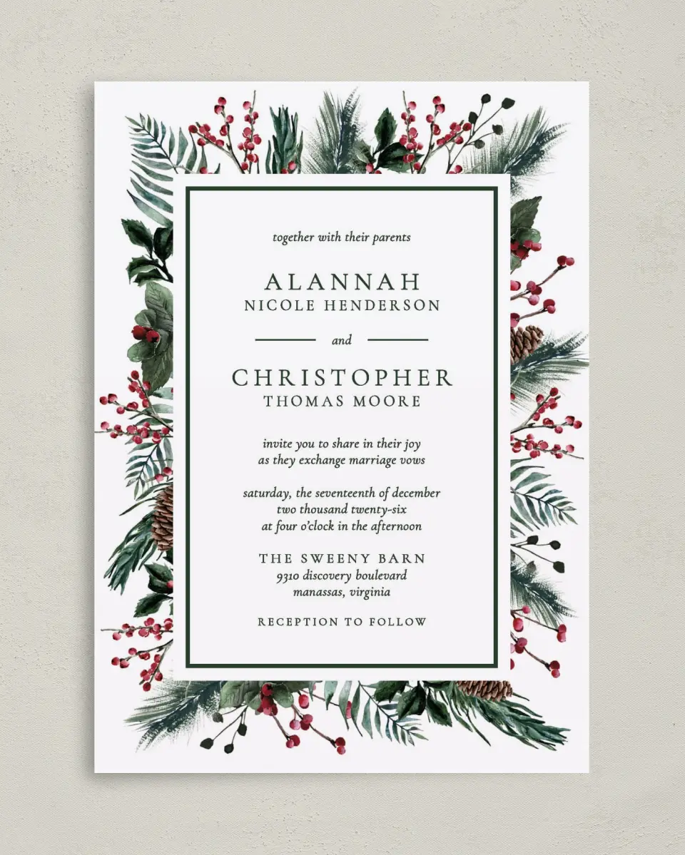 This is a 5" x 7" Classic Wedding Invitation called Festive Celebration printed in full color on Premium Smooth paper