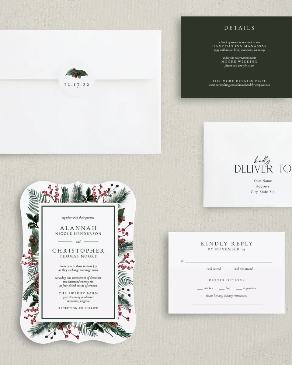 This is a 5" x 7" Bracket Wedding Invitation called Festive Celebration printed in full color with Silver foil on Luxe Satin (coated) paper