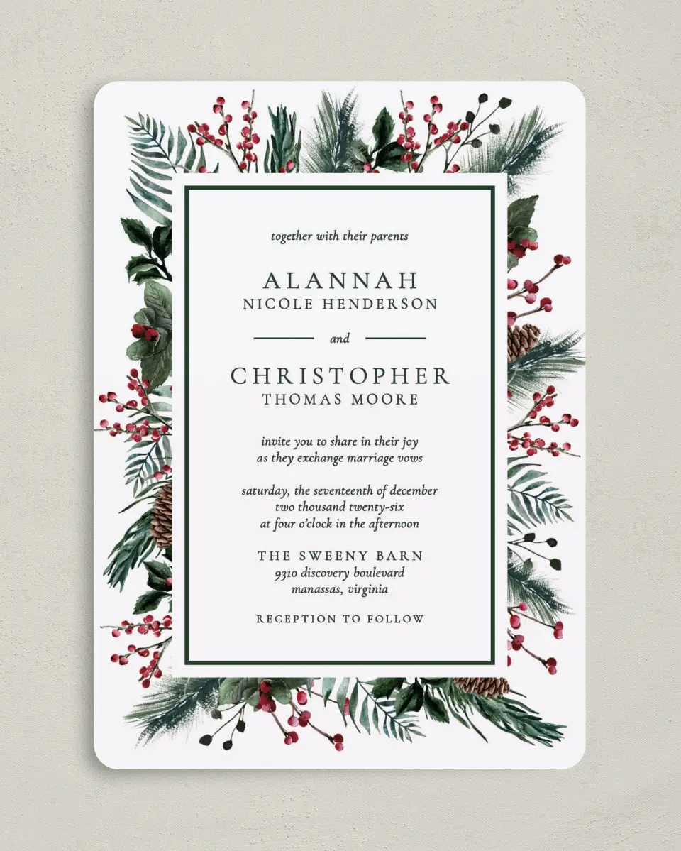 This is a 5" x 7" Rounded Wedding Invitation called Festive Celebration printed in full color on Premium Smooth paper