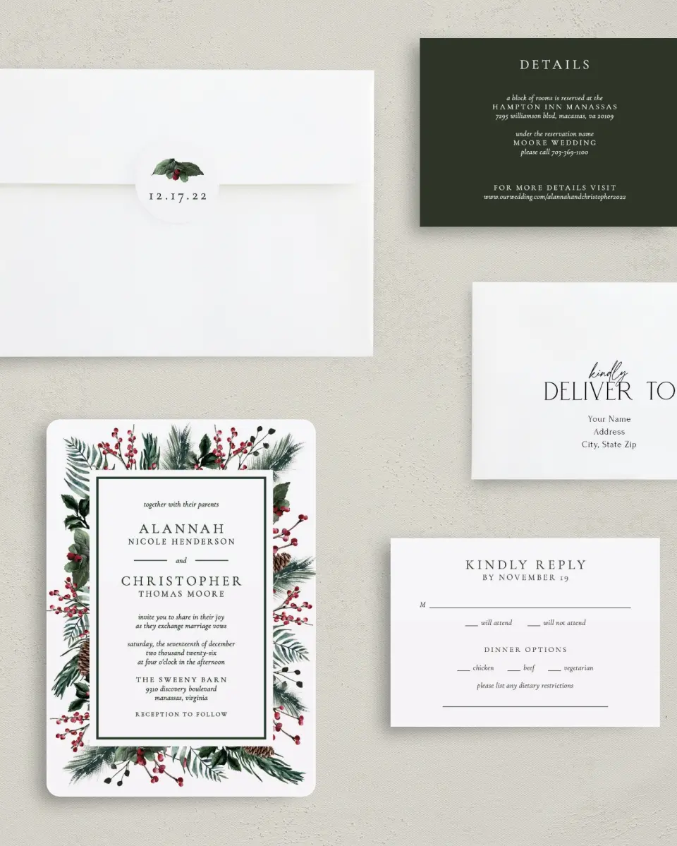 This is a 5" x 7" Rounded Wedding Invitation called Festive Celebration printed in full color with Gold foil on Luxe Satin (coated) paper