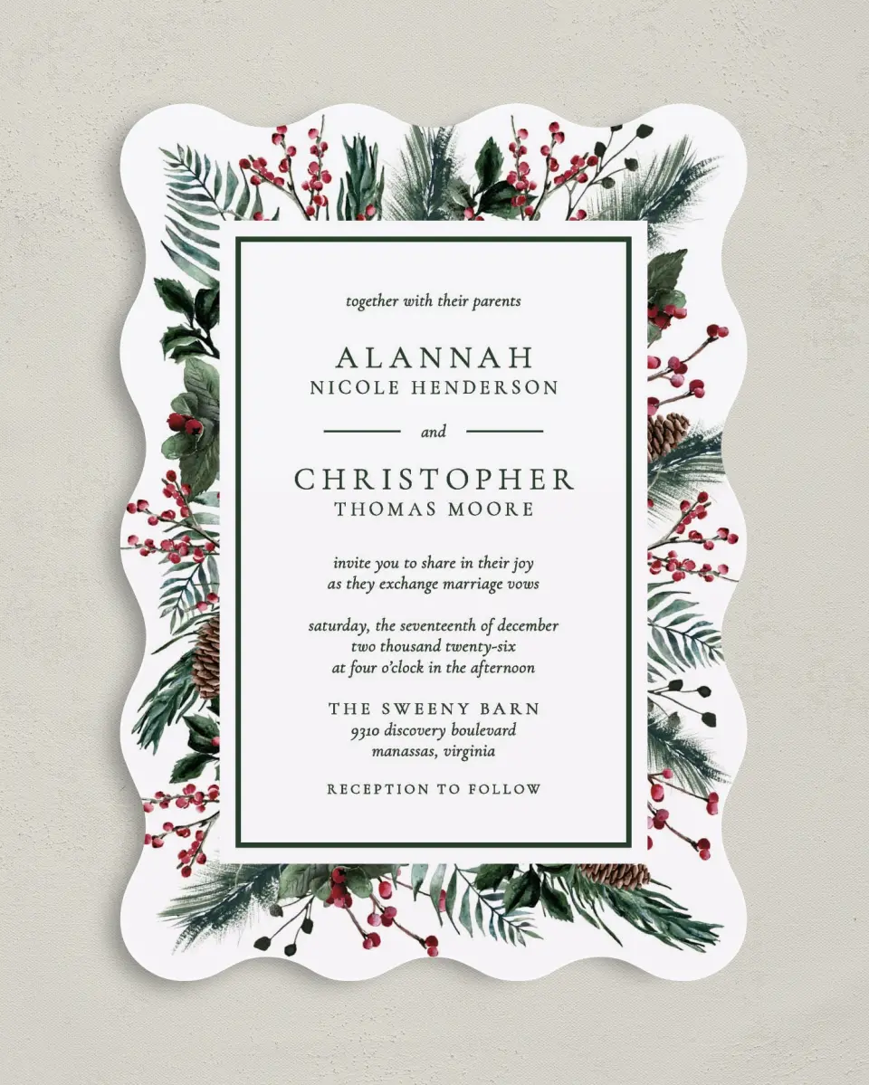 This is a 5" x 7" Wavy Wedding Invitation called Festive Celebration printed in full color on Premium Smooth paper