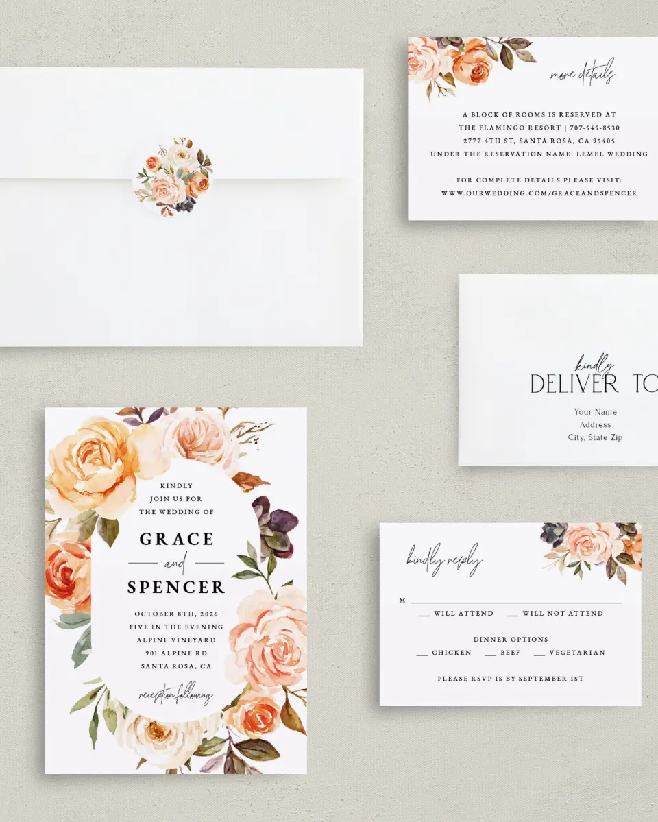 This is a 5" x 7" Classic Wedding Invitation called Romantic Garden printed in full color on Premium Smooth paper
