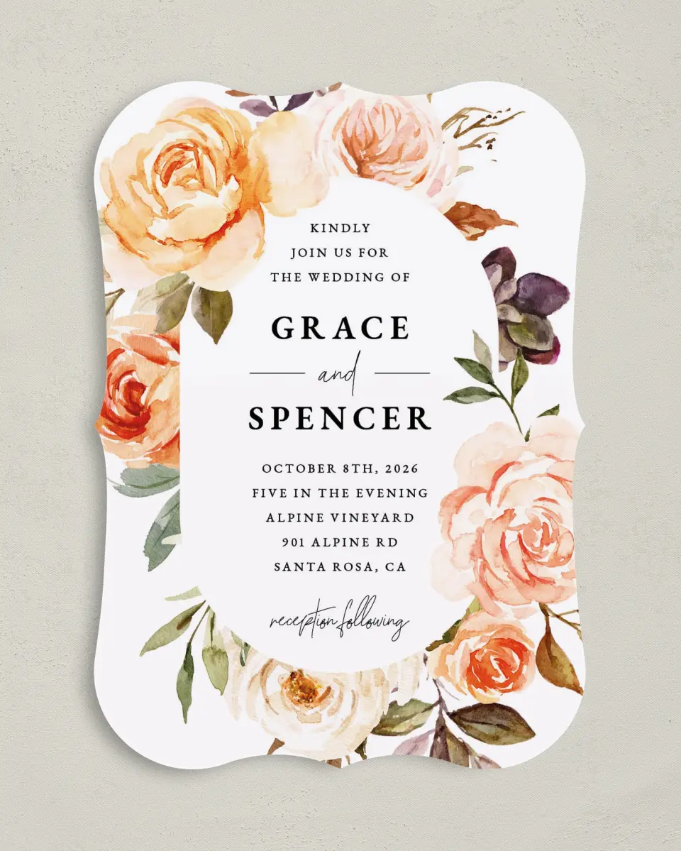 This is a 5" x 7" Bracket Wedding Invitation called Romantic Garden printed in full color on Premium Smooth paper