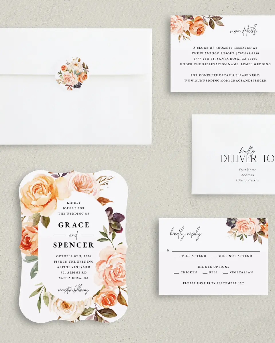 This is a 5" x 7" Bracket Wedding Invitation called Romantic Garden printed in full color with Silver foil on Luxe Satin (coated) paper
