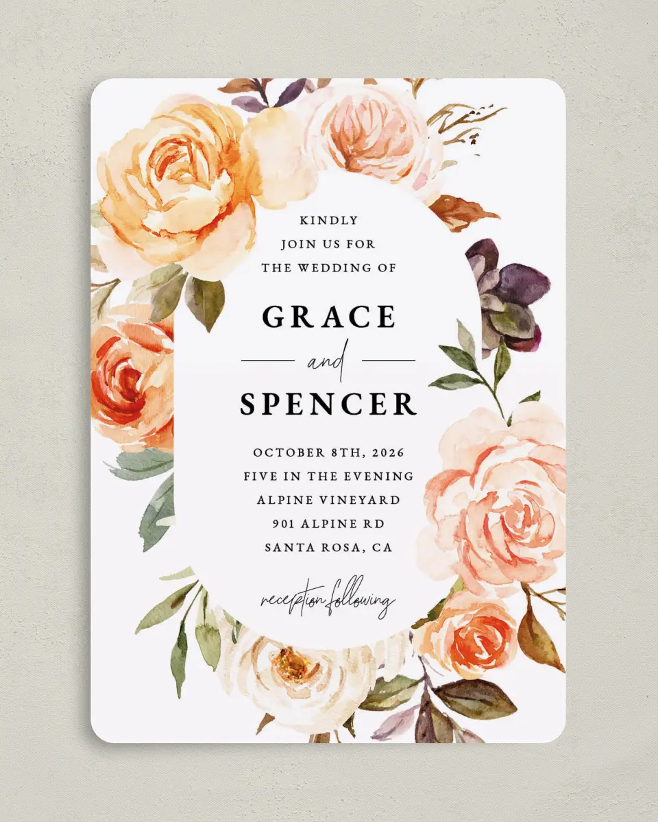 This is a 5" x 7" Rounded Wedding Invitation called Romantic Garden printed in full color on Premium Smooth paper