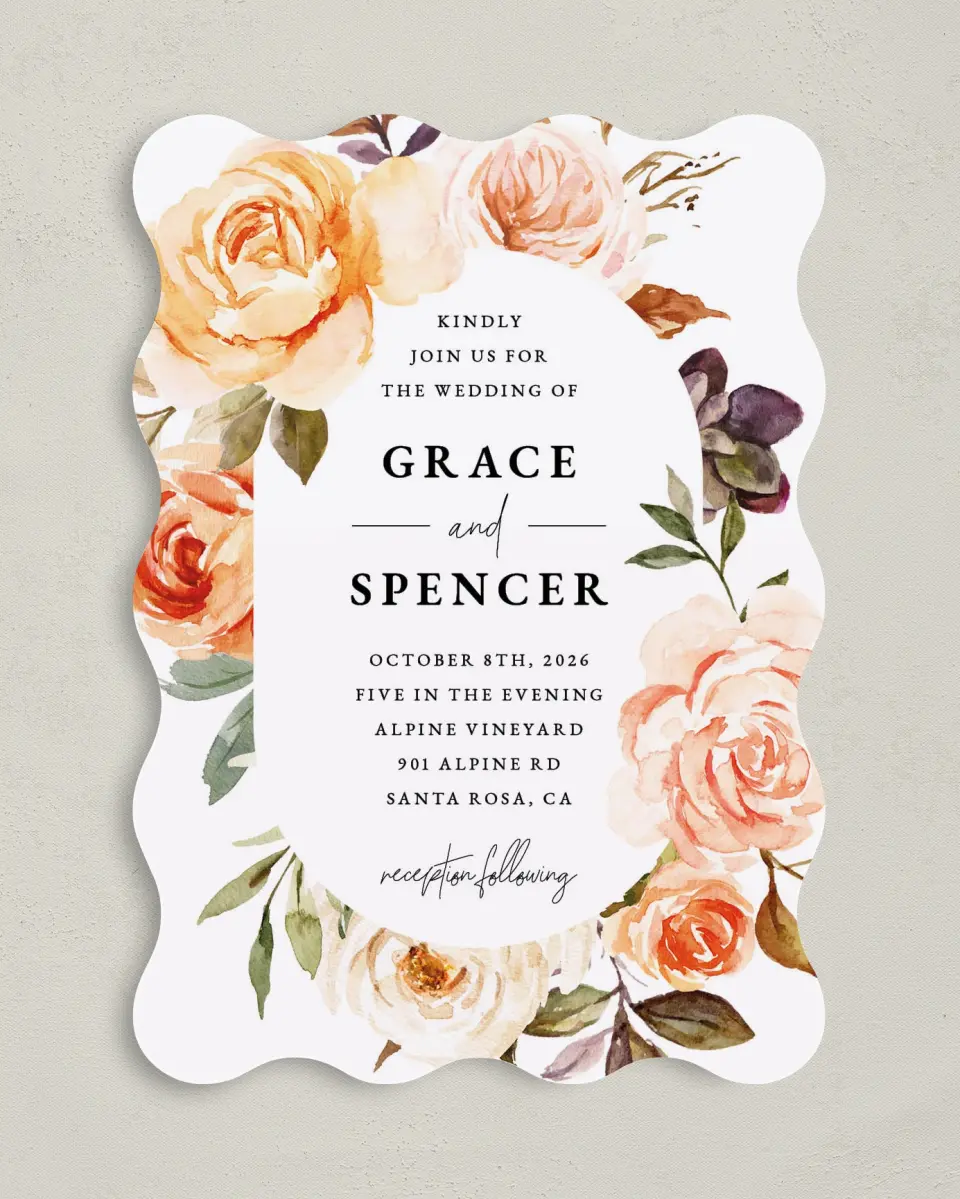 This is a 5" x 7" Wavy Wedding Invitation called Romantic Garden printed in full color on Premium Smooth paper
