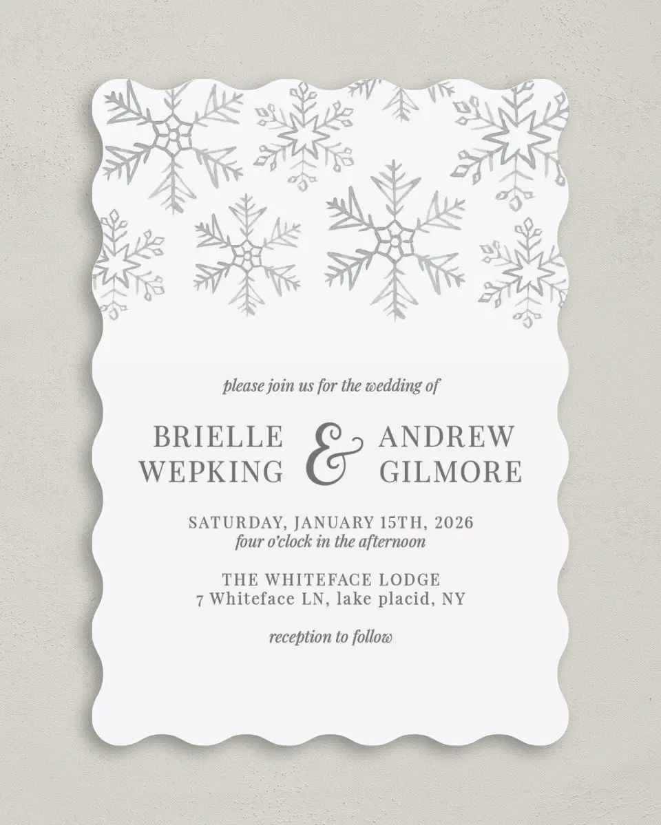 This is a 5" x 7" Wavy Wedding Invitation called Sweet Snowflakes printed in full color on Premium Smooth paper