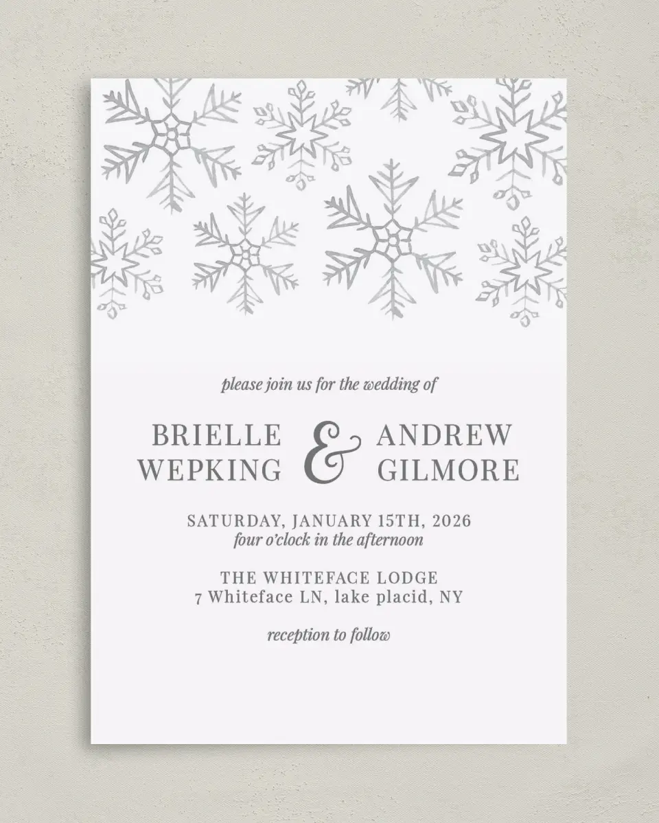This is a 5" x 7" Classic Wedding Invitation called Sweet Snowflakes printed in full color on Premium Smooth paper
