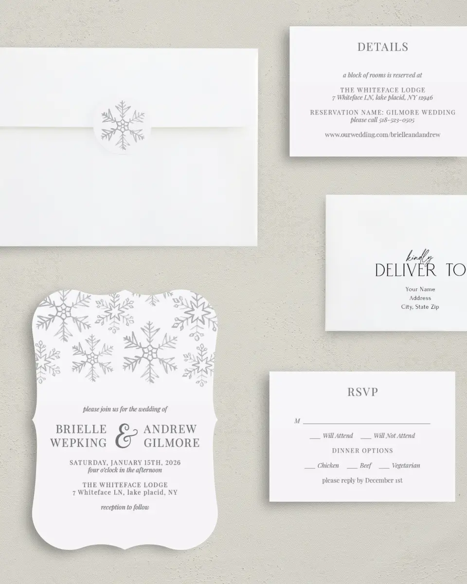 This is a 5" x 7" Bracket Wedding Invitation called Sweet Snowflakes printed in full color with Silver foil on Luxe Satin (coated) paper