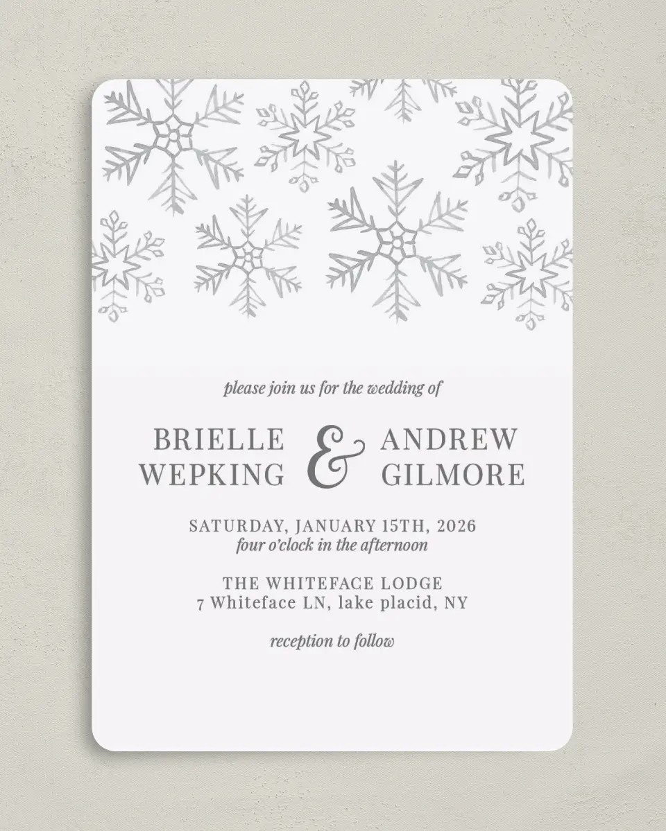 This is a 5" x 7" Rounded Wedding Invitation called Sweet Snowflakes printed in full color on Premium Smooth paper