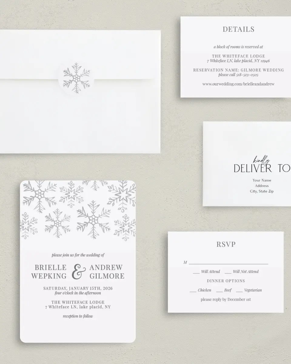 This is a 5" x 7" Rounded Wedding Invitation called Sweet Snowflakes printed in full color with Gold foil on Luxe Satin (coated) paper