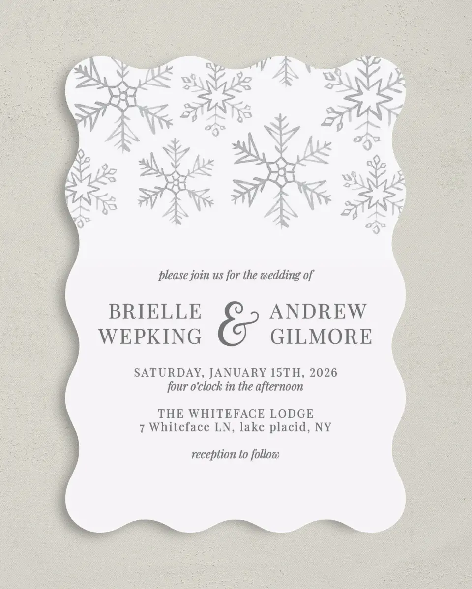 This is a 5" x 7" Wavy Wedding Invitation called Sweet Snowflakes printed in full color on Premium Smooth paper