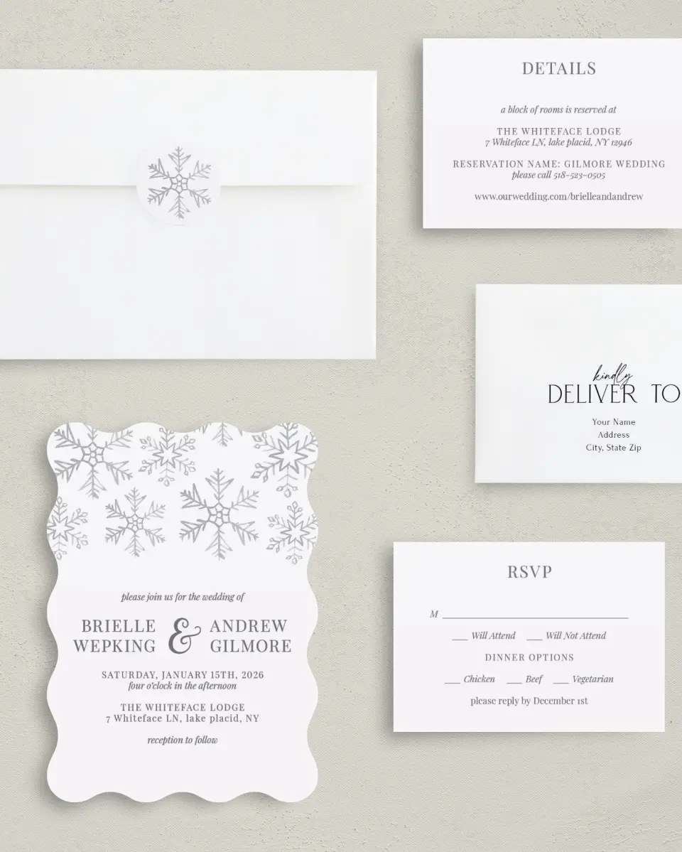This is a 5" x 7" Wavy Wedding Invitation called Sweet Snowflakes printed in full color with Silver foil on Luxe Satin (coated) paper