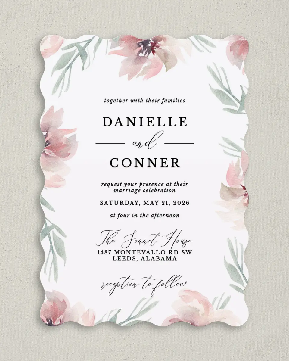 This is a 5" x 7" Wavy Wedding Invitation called Soft Florals printed in full color on Premium Smooth paper