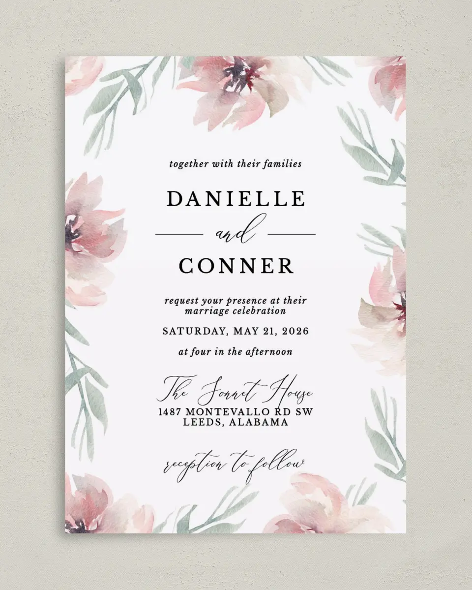 This is a 5" x 7" Classic Wedding Invitation called Soft Florals printed in full color on Premium Smooth paper
