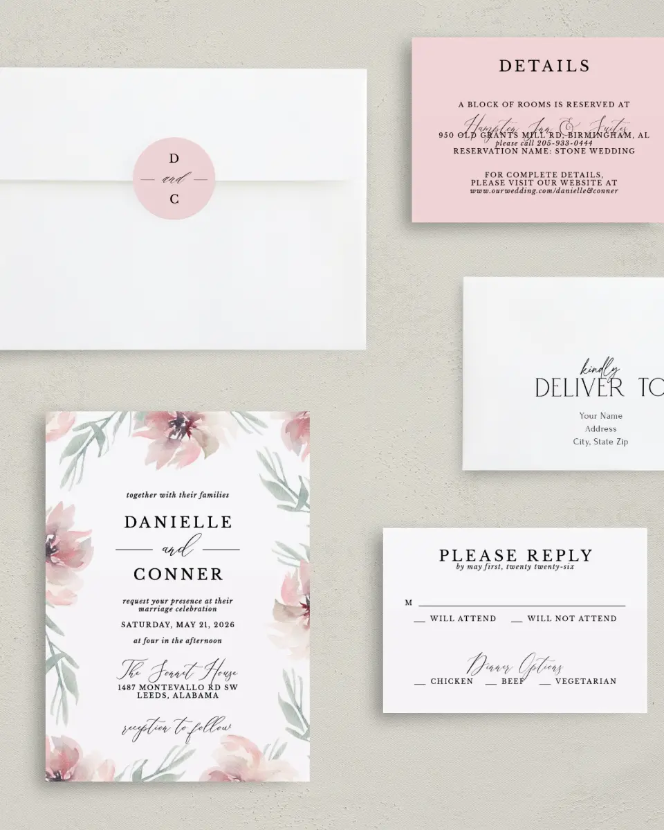 This is a 5" x 7" Classic Wedding Invitation called Soft Florals printed in full color with Gold foil on Luxe Satin (coated) paper