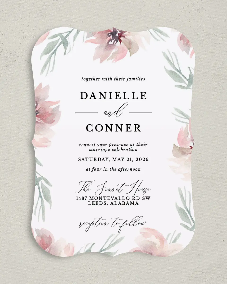This is a 5" x 7" Bracket Wedding Invitation called Soft Florals printed in full color on Premium Smooth paper