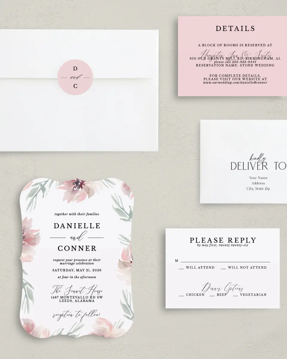 This is a 5" x 7" Bracket Wedding Invitation called Soft Florals printed in full color with Silver foil on Luxe Satin (coated) paper