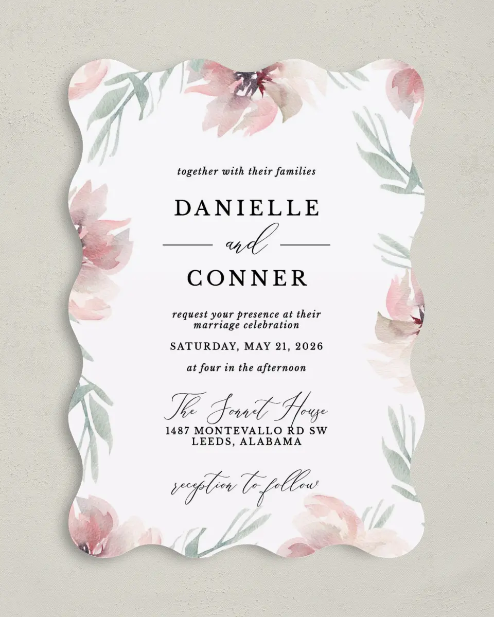 This is a 5" x 7" Wavy Wedding Invitation called Soft Florals printed in full color on Premium Smooth paper