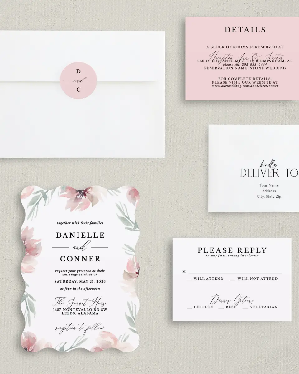 This is a 5" x 7" Wavy Wedding Invitation called Soft Florals printed in full color with Gold foil on Luxe Satin (coated) paper