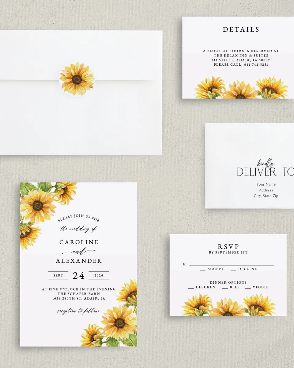 This is a 5" x 7" Classic Wedding Invitation called Sunflower Bliss printed in full color with Rose Gold foil on Luxe Satin (coated) paper