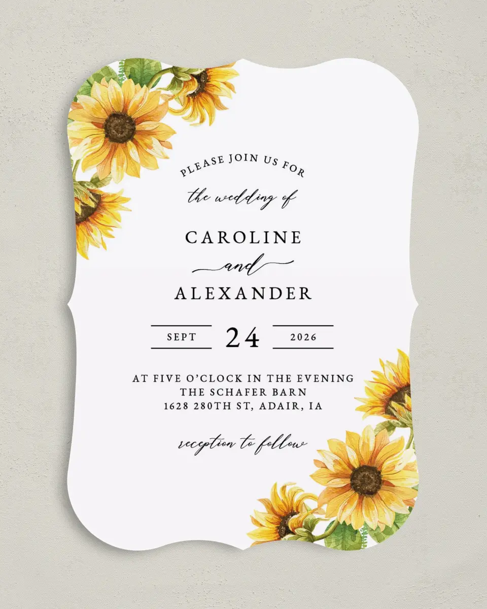 This is a 5" x 7" Bracket Wedding Invitation called Sunflower Bliss printed in full color on Premium Smooth paper