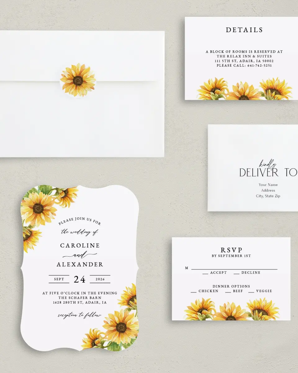 This is a 5" x 7" Bracket Wedding Invitation called Sunflower Bliss printed in full color with Silver foil on Luxe Satin (coated) paper