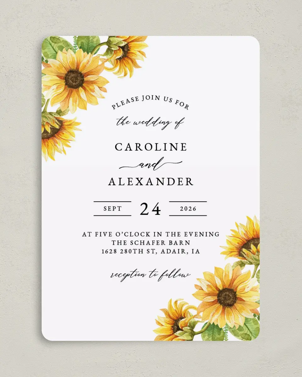 This is a 5" x 7" Rounded Wedding Invitation called Sunflower Bliss printed in full color on Premium Smooth paper
