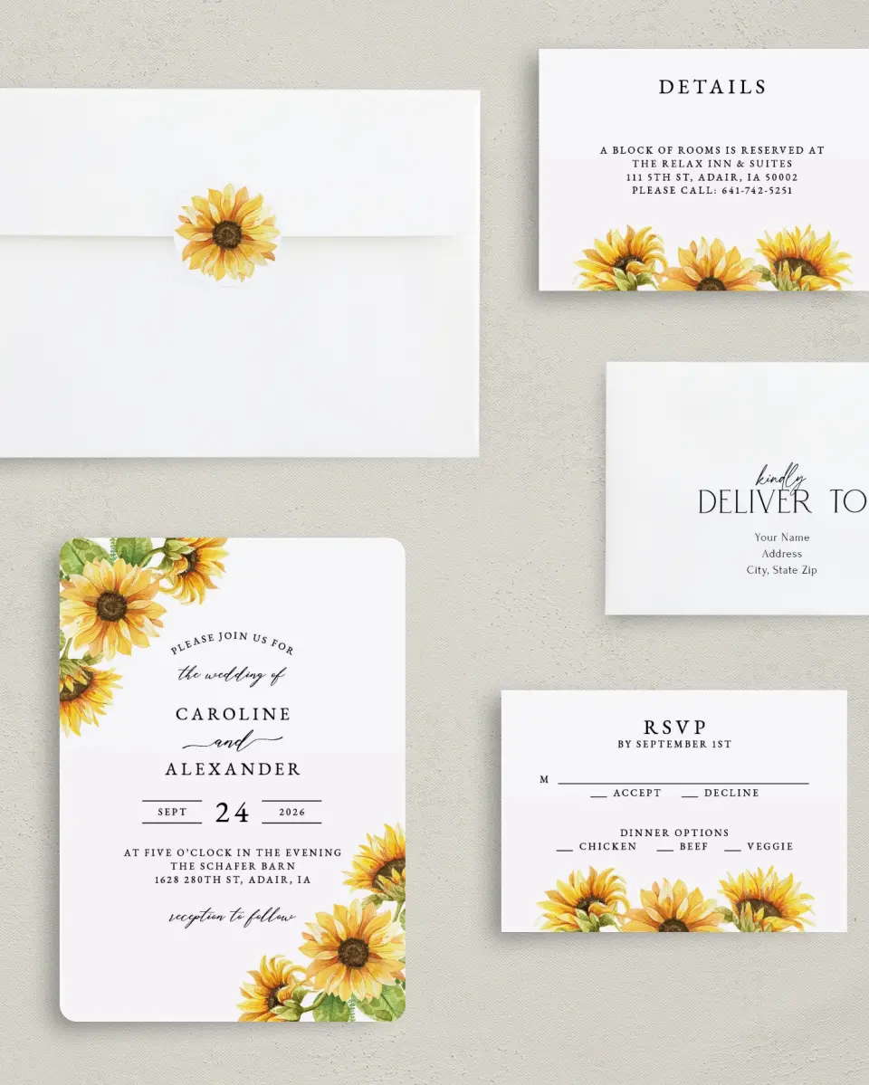 This is a 5" x 7" Rounded Wedding Invitation called Sunflower Bliss printed in full color with Rose Gold foil on Luxe Satin (coated) paper