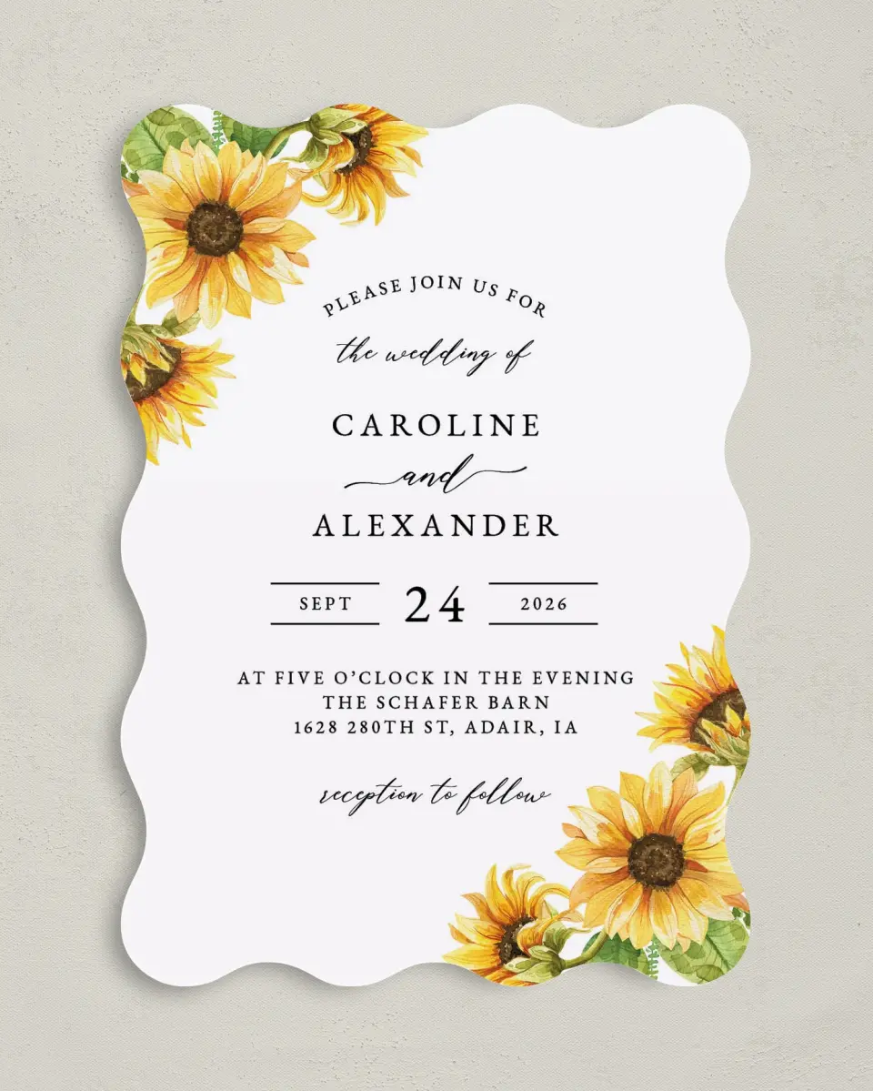 This is a 5" x 7" Wavy Wedding Invitation called Sunflower Bliss printed in full color on Premium Smooth paper