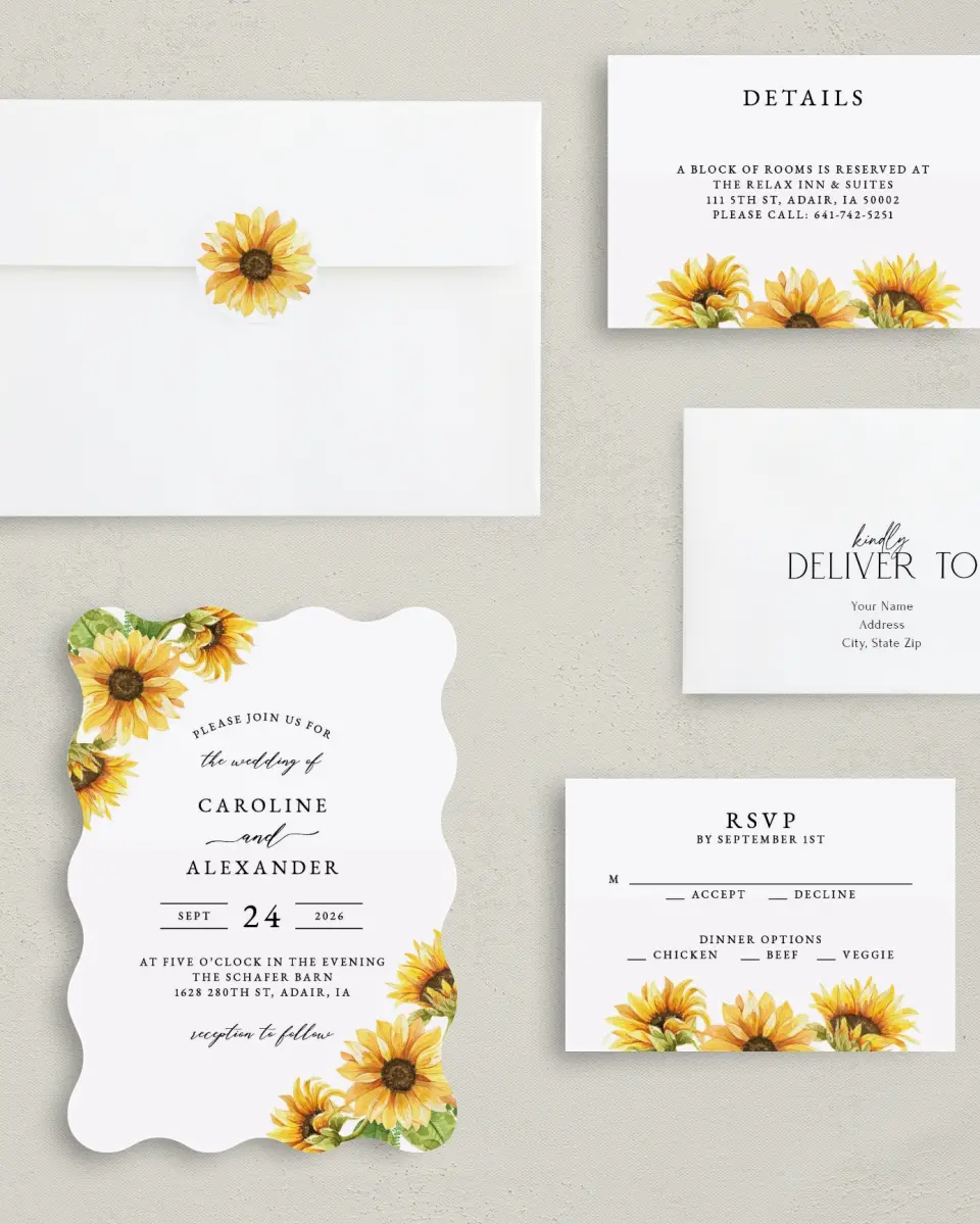 This is a 5" x 7" Wavy Wedding Invitation called Sunflower Bliss printed in full color with Silver foil on Luxe Satin (coated) paper
