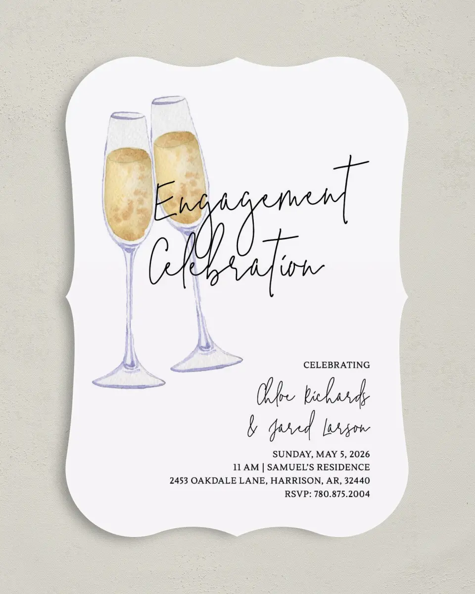 This is a 5" x 7" Engagement Party Invitation called Brunch & Bubbly printed in full color with Silver foil on Luxe Satin (coated) paper