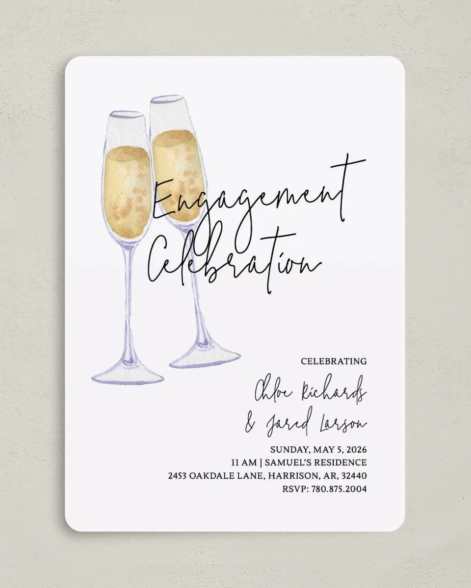 This is a 5" x 7" Engagement Party Invitation called Brunch & Bubbly printed in full color on Premium Smooth paper