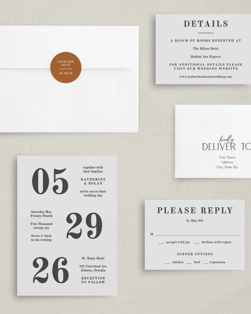 This is a 5" x 7" Classic Wedding Invitation called Glory Day printed in full color with Gold foil on Luxe Satin (coated) paper