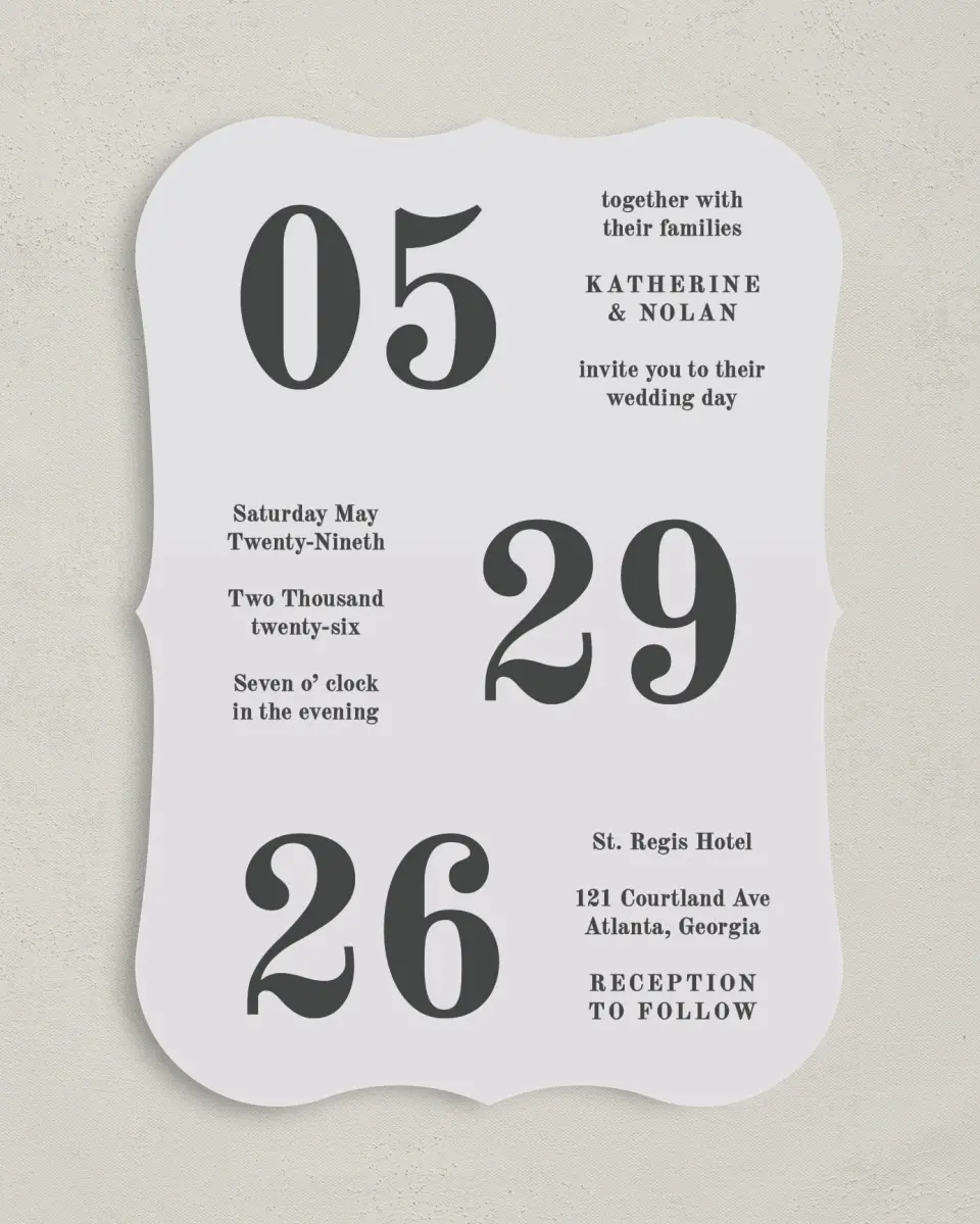 This is a 5" x 7" Bracket Wedding Invitation called Glory Day printed in full color on Premium Smooth paper