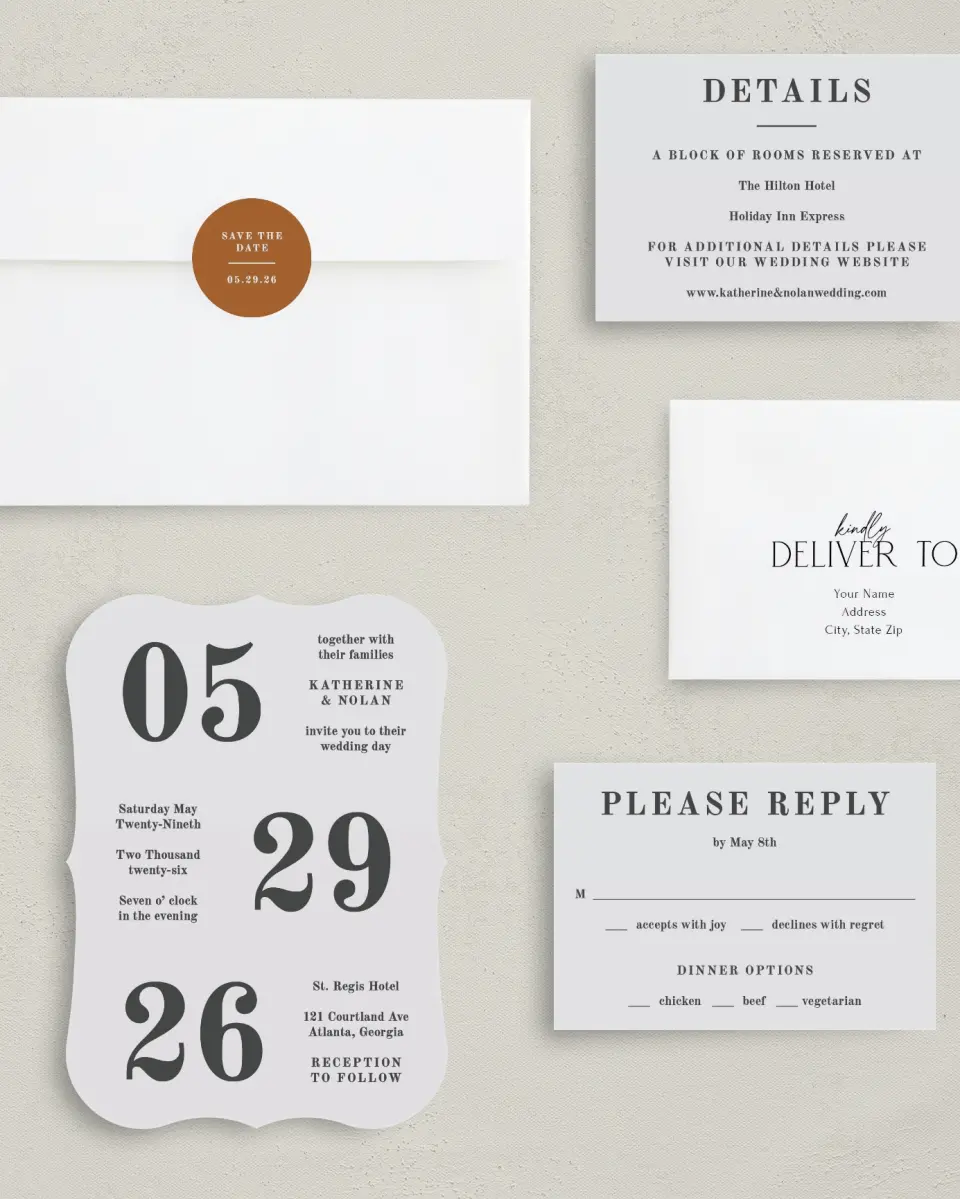 This is a 5" x 7" Bracket Wedding Invitation called Glory Day printed in full color with Silver foil on Luxe Satin (coated) paper