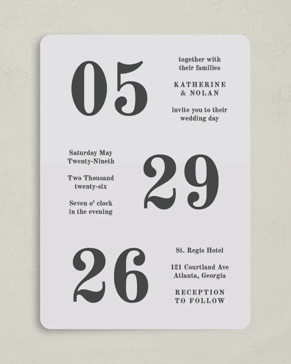 This is a 5" x 7" Rounded Wedding Invitation called Glory Day printed in full color on Premium Smooth paper