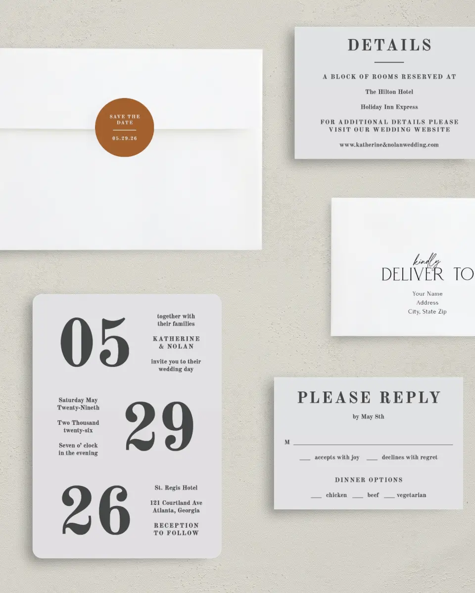 This is a 5" x 7" Rounded Wedding Invitation called Glory Day printed in full color with Gold foil on Luxe Satin (coated) paper