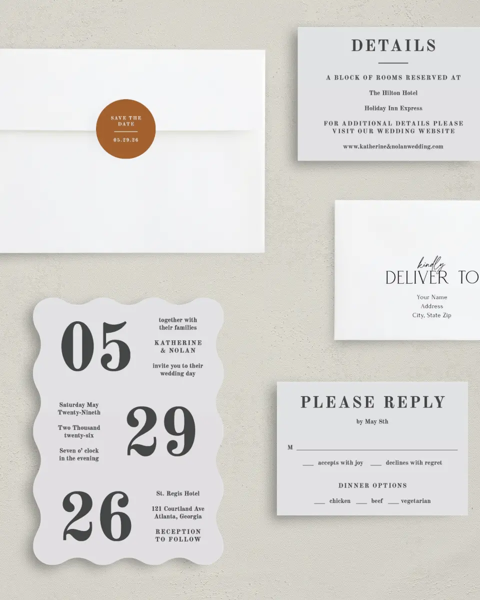 This is a 5" x 7" Wavy Wedding Invitation called Glory Day printed in full color with Silver foil on Luxe Satin (coated) paper