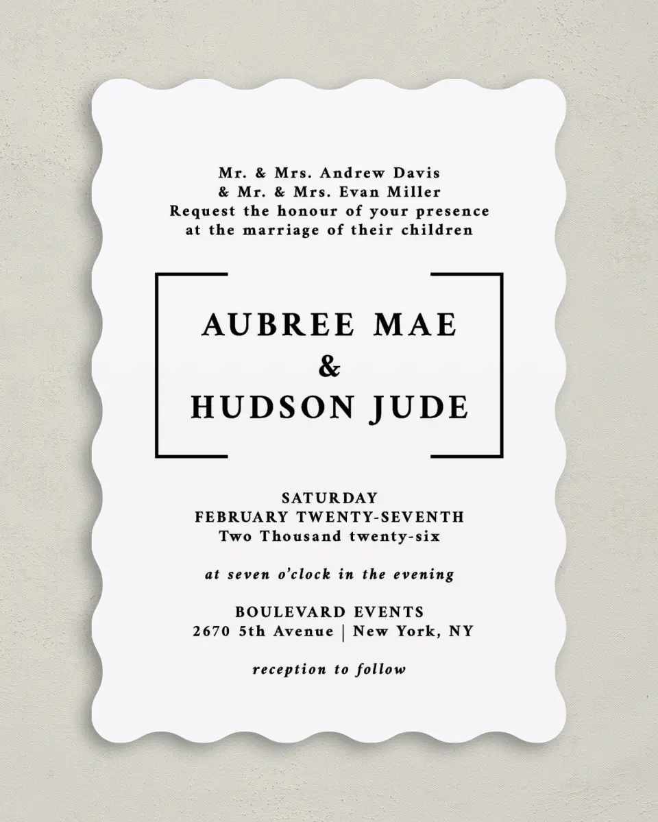 This is a 5" x 7" Wavy Wedding Invitation called Bright Brace printed in full color on Premium Smooth paper