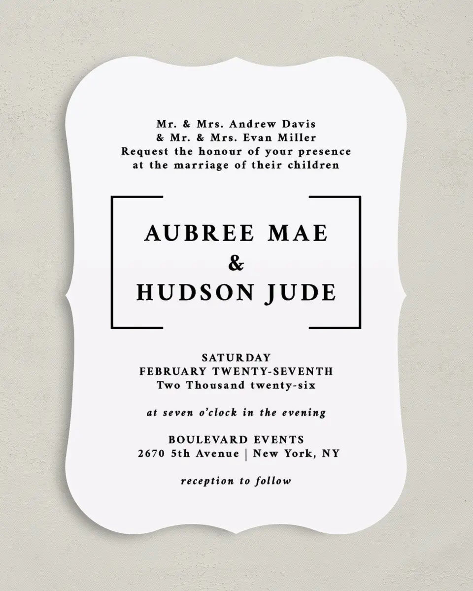 This is a 5" x 7" Bracket Wedding Invitation called Bright Brace printed in full color on Premium Smooth paper